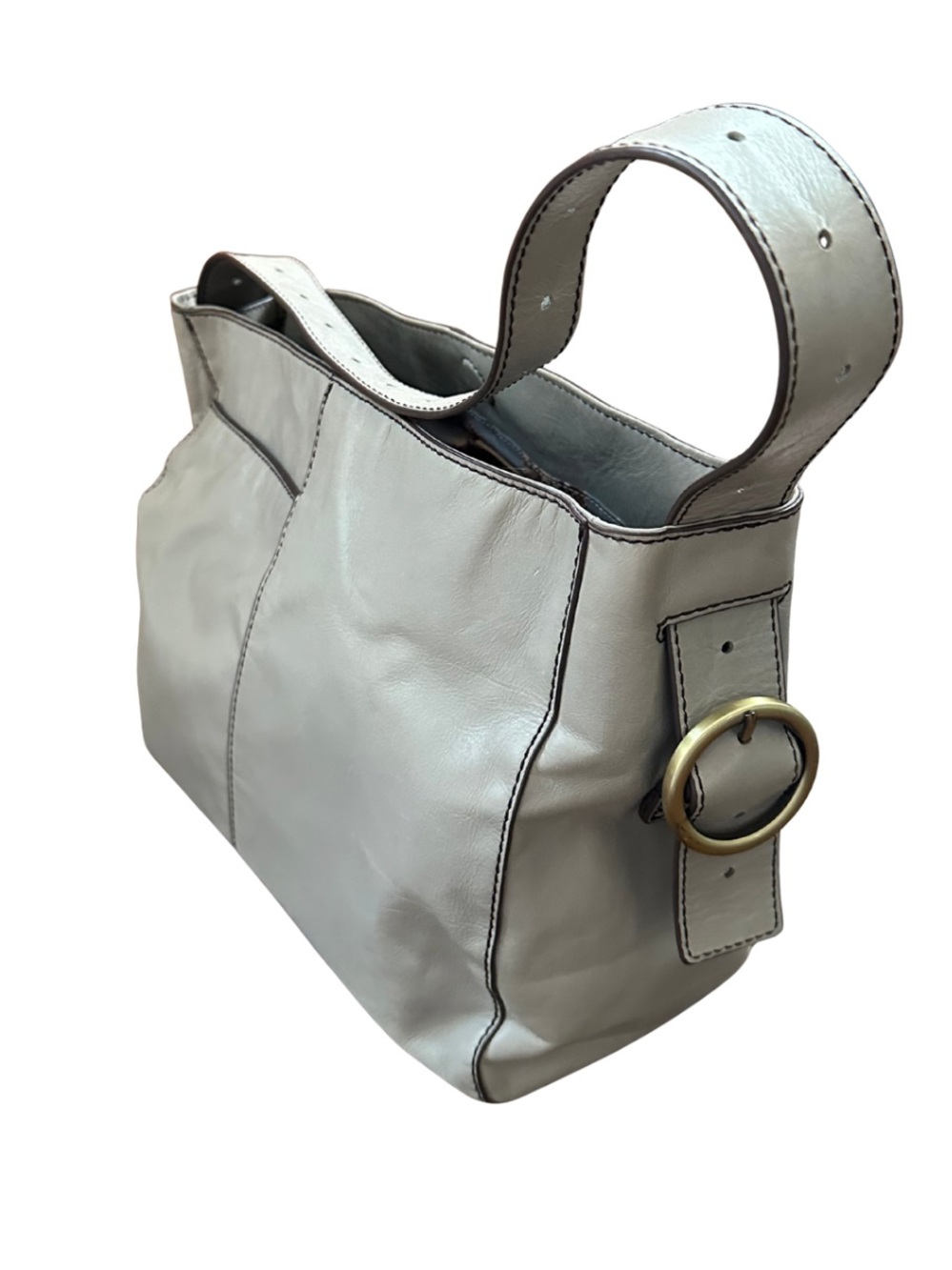 HOBO Leather Shoulder Bag Gray Taupe Floral Lining Brass Hardware - Picture 5 of 7